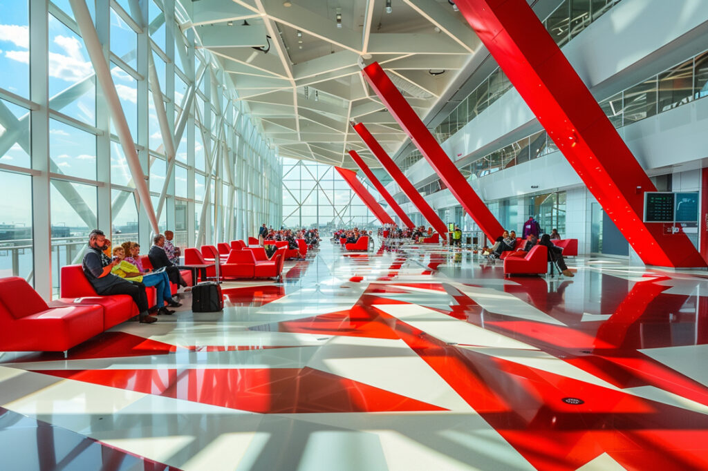 A vibrant colorful waiting room in a cruise terminal.