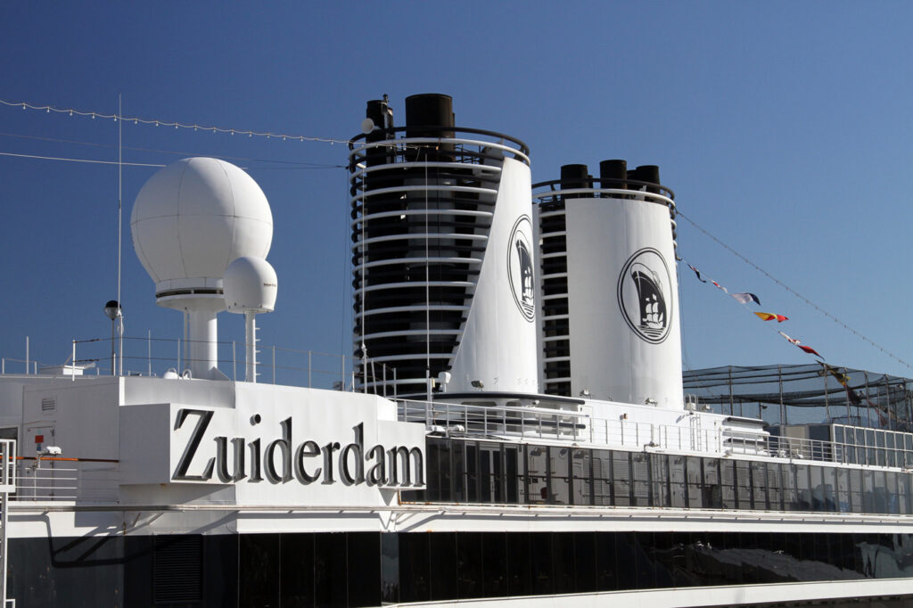 Close-up of Zuiderdam's engine stack. Zuideradam will celebrate America' 250th anniversary in a unique sailing.