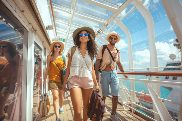Group of friends are boarding a cruise ship on the gangway. My favorite part of the cruise embarkation process is walking on the ship for the first time.