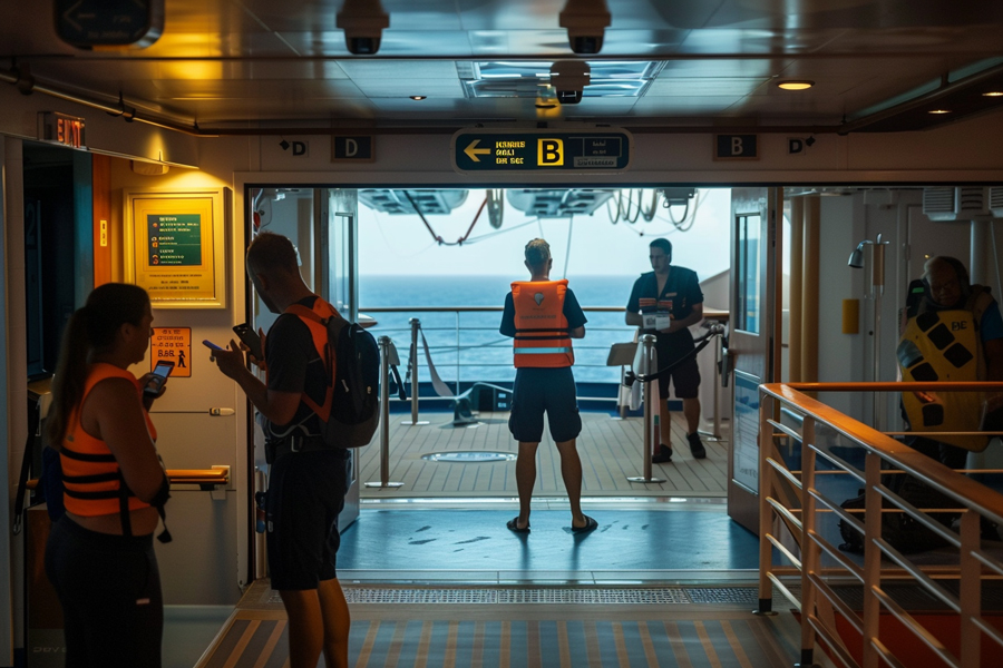 Guests check-in to their muster station for safety briefing, a mandatory part of the cruise embarkation process