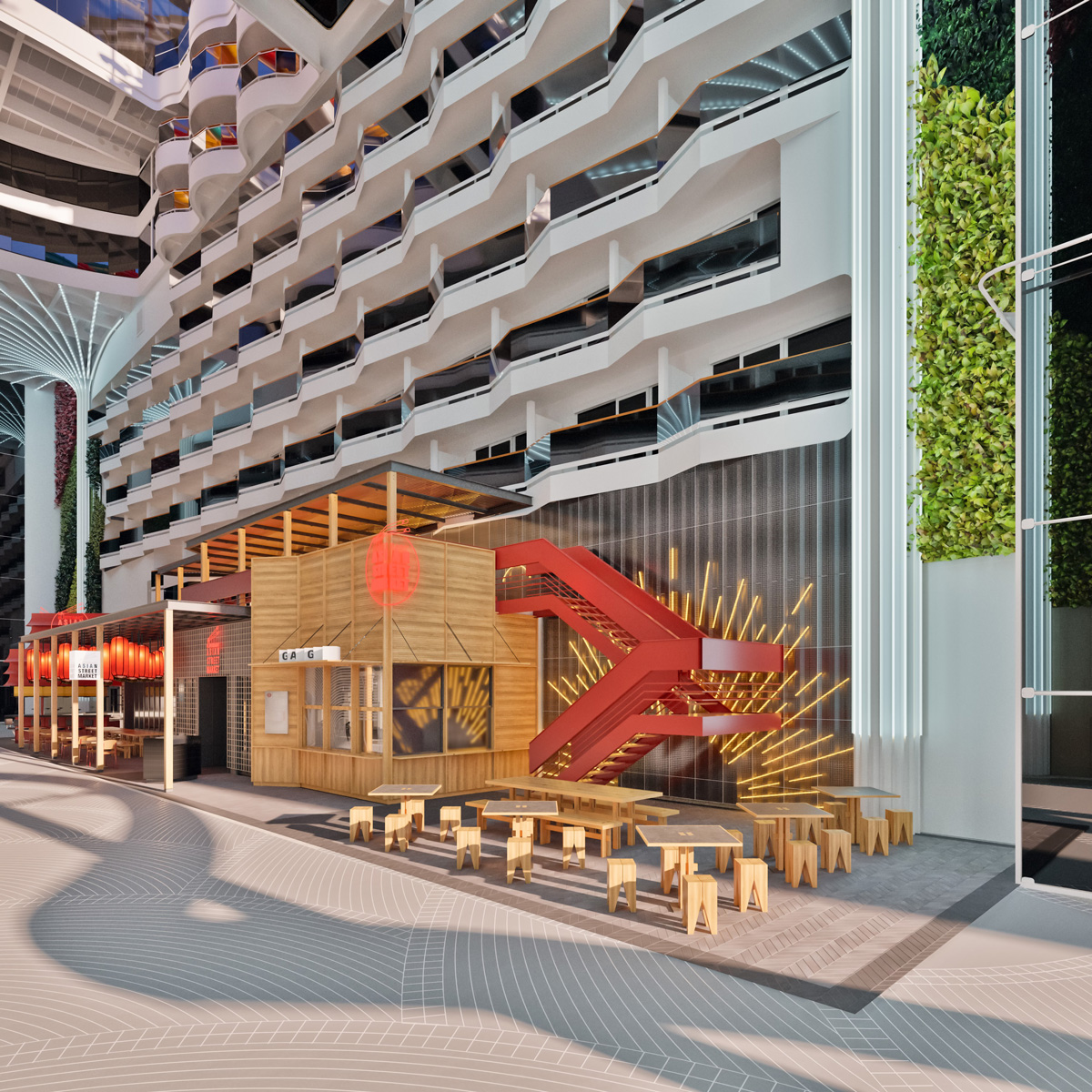 Render of MSC World Asia's open-air World Promenade with ocean views and lounge areas