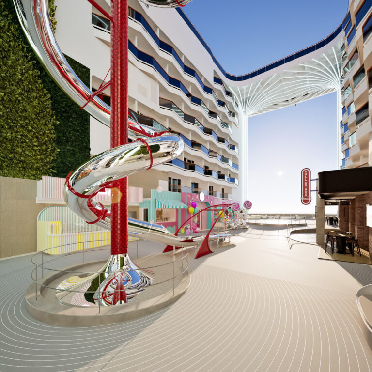 Render of MSC World Asia's open-air World Promenade with ocean views and lounge areas