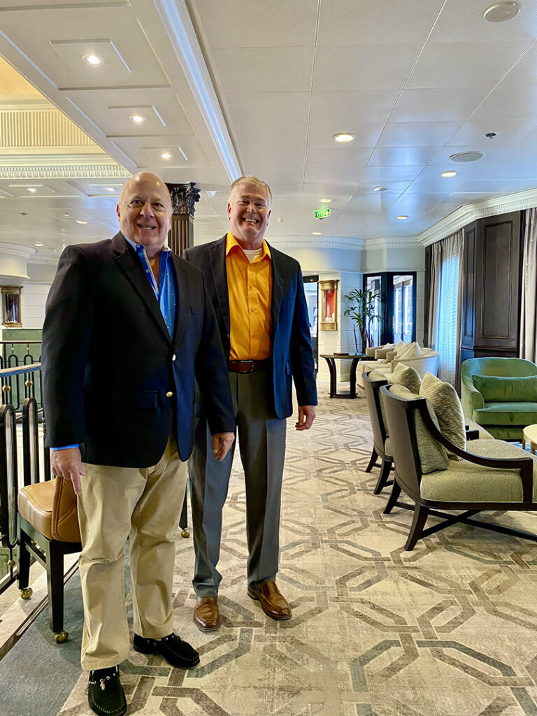 Seasoned cruisers Gary Gerbino and friend, embodying Oceania's 'smart casual with elevated options' aboard Oceania Sirena. Photo courtesy of Gary Gerbino.