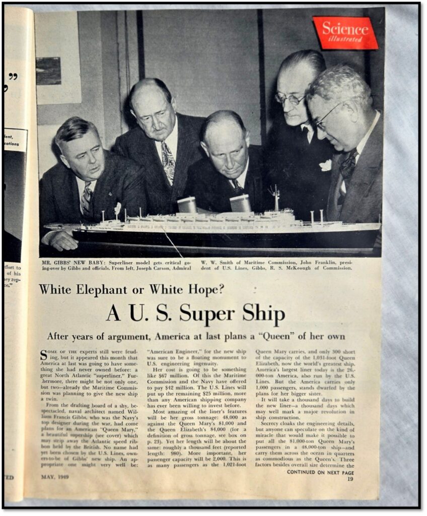 Magazine cover and early media coverage of SS United States. From the William H. Miller collection.