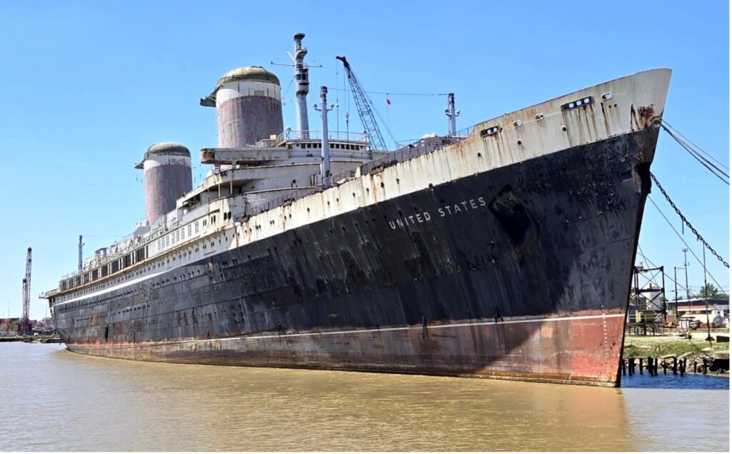 The bow view of SS United States from the waterline in Mobile, Alabama. Photo credit: Richard Weiss.