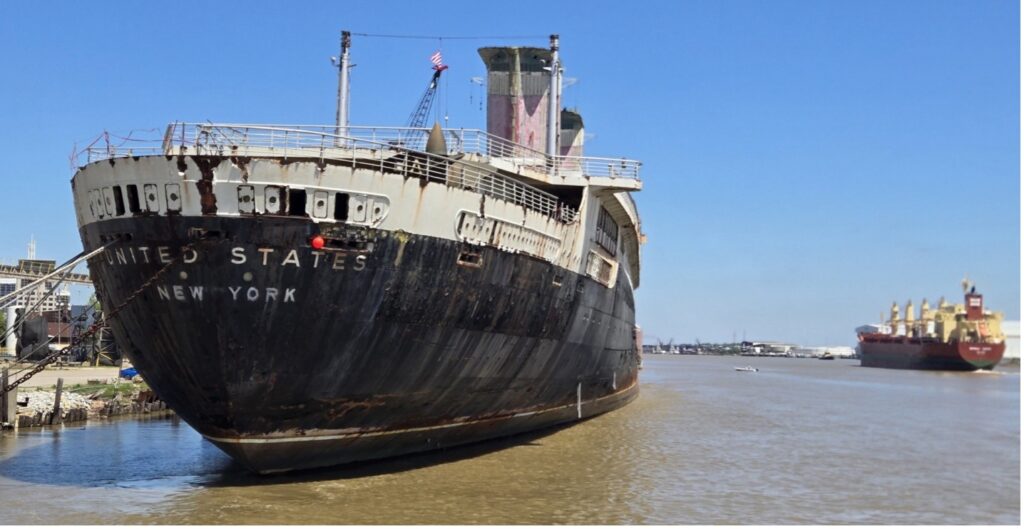 A view of the stern of SS United States, moored at Mobile, Alabama. Photo credit: Richard Weiss.