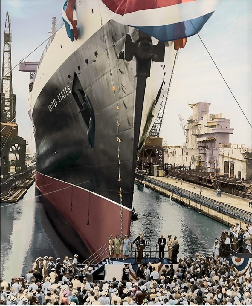 Lucile Connally christens SS United States on June 23, 1951, at Newport News shipyards, Virginia. From the William H. Miller collection.