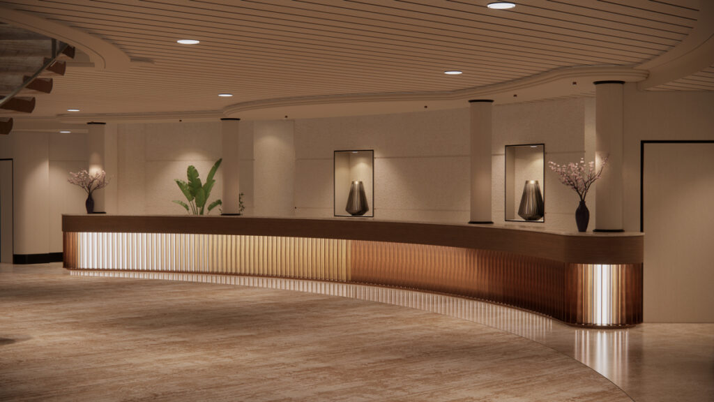 Crystal Symphony 2025 Dry Dock front desk rendering