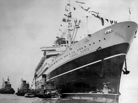 SS Andrea Doria arrives in New York Harbor on her maiden voyage, January 23, 1953. From the William H. Miller collection.