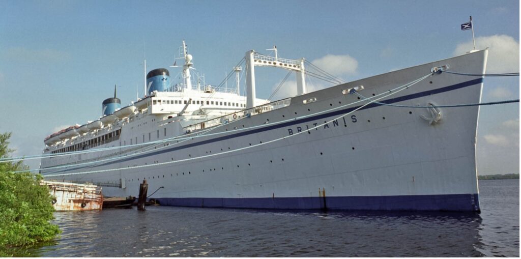 Lurline also joined Chandris in 1970 and became the long-lived Britanis, picutred laid-up at Tampa at the end of her days in 1997. From the William H. Miller collection. 