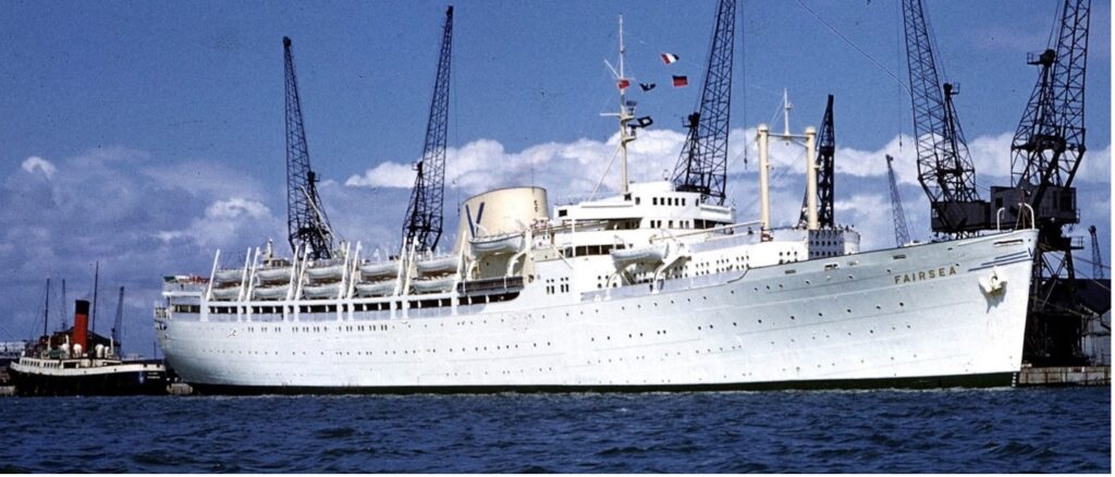 Originally laid down in 1941 as an escort aircraft carrier as USS Charger for the U.S. Navy, but was transferred to the Royal Navy and renamed HMS Charger during WWII. After the war she was stripped and rebuilt into a passenger ship. From the William H. Miller collection.