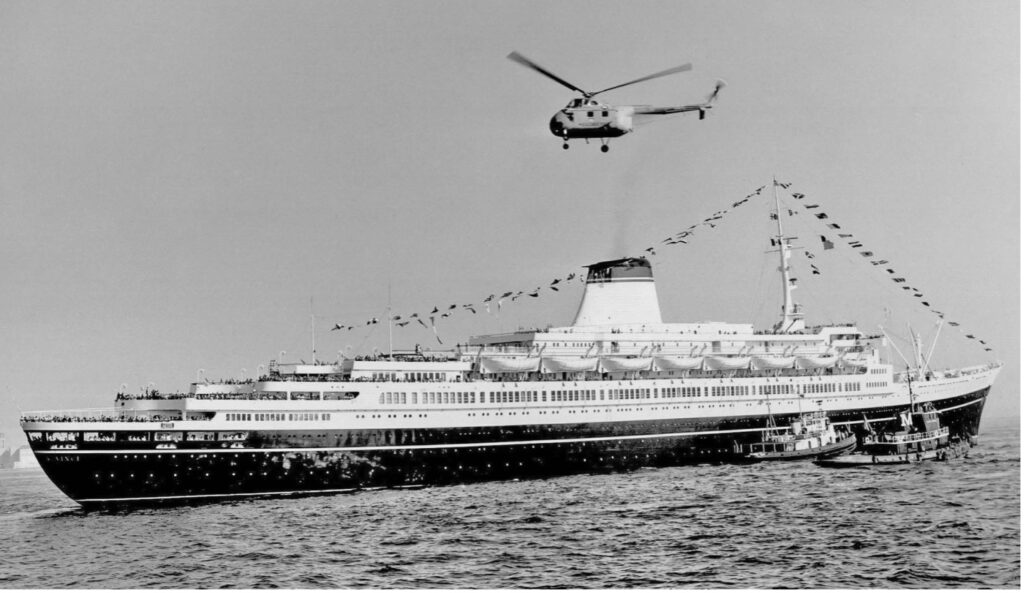 Leonardo da Vinci was one of the most advanced ships of her time, with modern safety systems designed in direct response to the Andrea Doria disaster. She is pictured here on her maiden arrival at New York Harbor in June 1960. From the William H. Miller collection.
