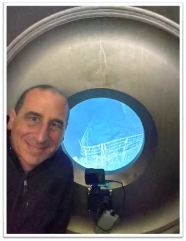 Enrichment Speaker Mike Reiss in the Titan submersible to the sunken wreckage of RMS Titanic. From the William H. Miller collection.