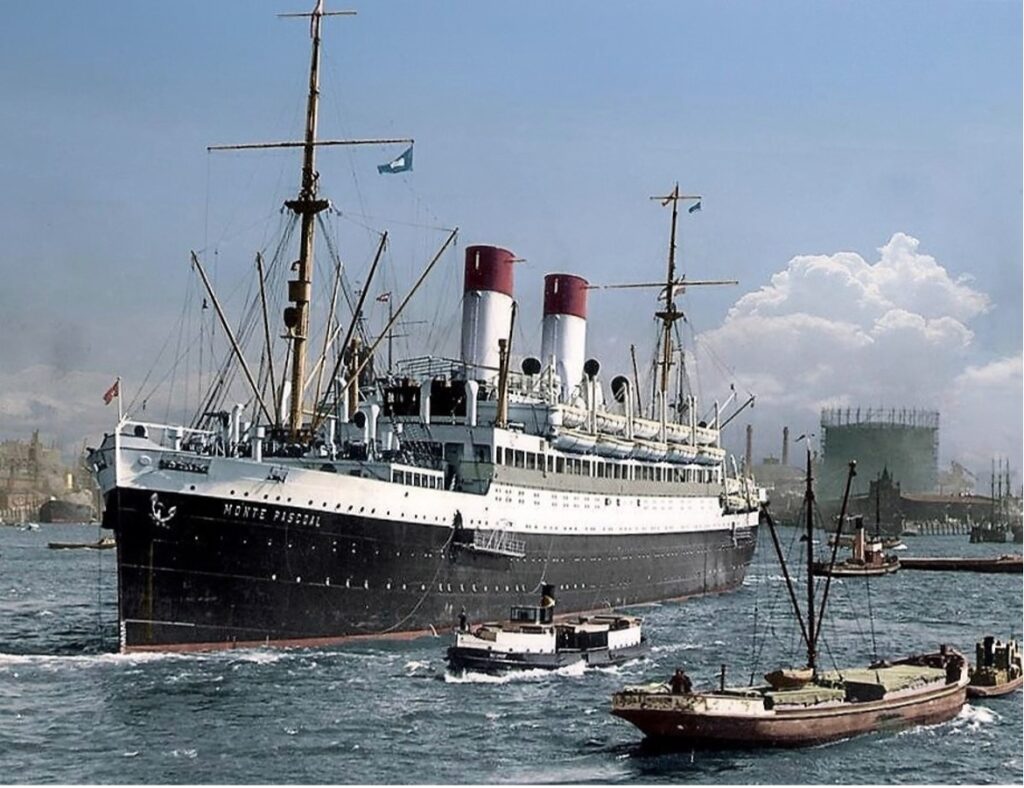 A colorized photo of the SS Monte Pascoal on the Thames near Greenwich, London. From the William H. Miller collection.