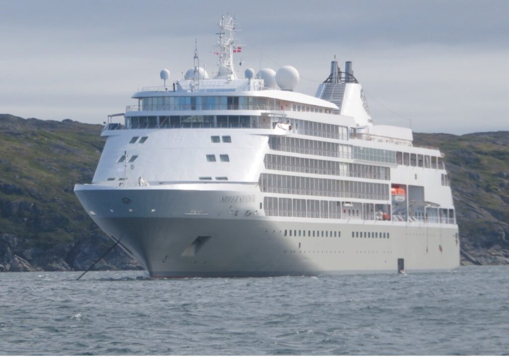 Silversea's Silver Shadow anchored at St. Anthony, Newfoundland, Canada, on August 21, 2025. Photo credit: William H. Miller.