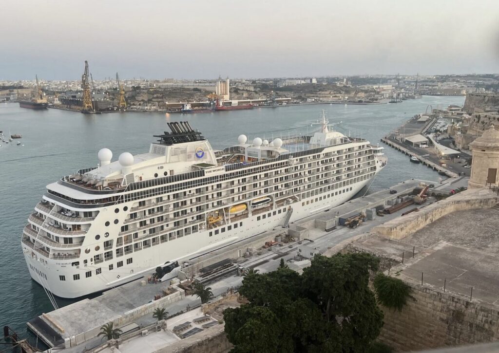 The World prepares to use its newly installed cold-ironing system for the first time at Malta. Image courtesy of The World Residences at Sea.