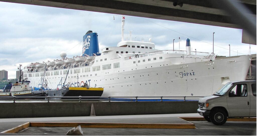 The Topaz, an earlier Peace Boat bunkers at Manhattan Cruise Terminal. From the William H. Miller collection.