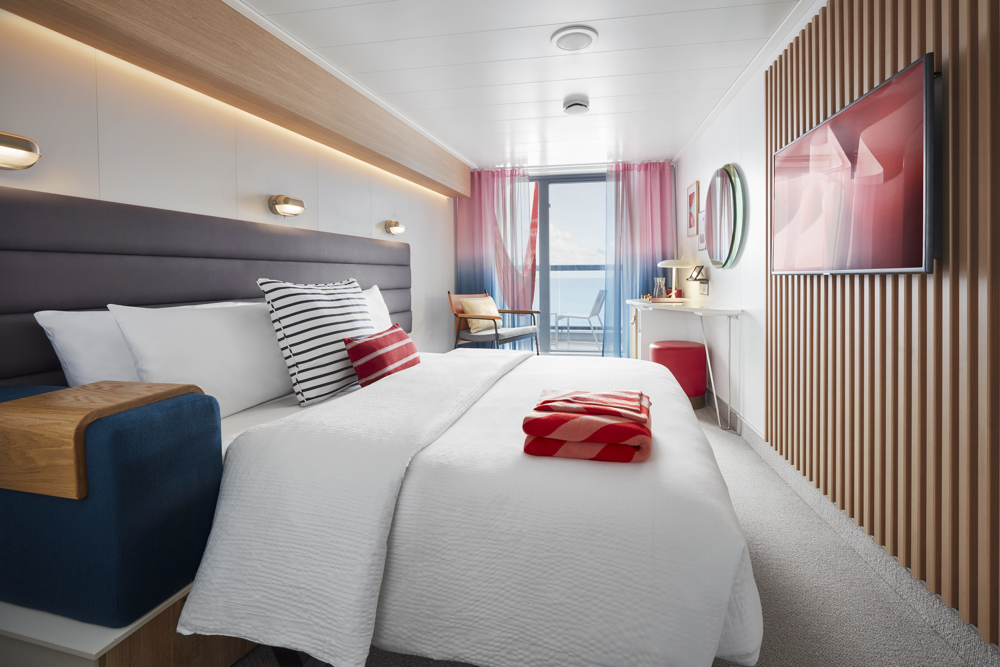 A Sea Terrace cabin aboard Virgin Voyages, now part of the line’s new three-tier fare structure launching October 7, 2025. Image courtesy of Virgin Voyages.