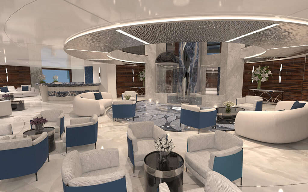 Dark Island’s central atrium soars through four decks, creating a luminous heart for the ship. Image courtesy of Clydebuilt.