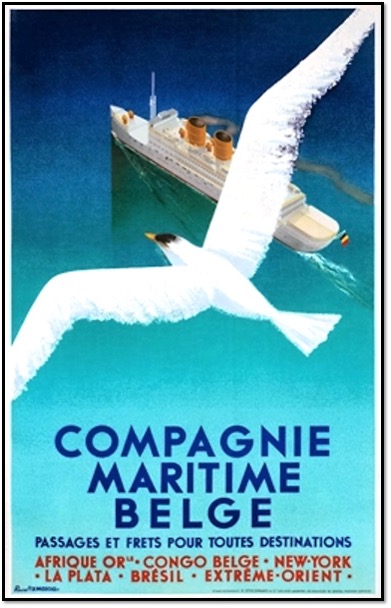 Vintage poster art from Compagnie Maritime Belge promotes Belgian Line’s services to Africa, South America, and the Congo. From the William H. Miller collection.