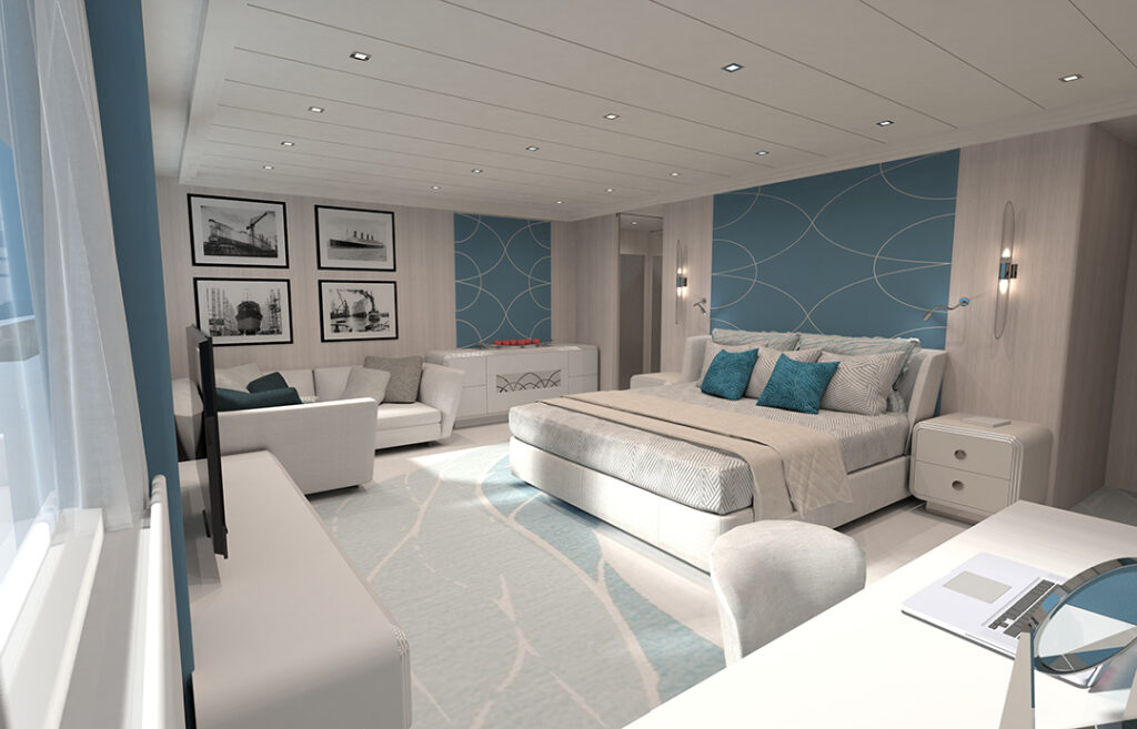 The master bedroom of the Hebridean Suite aboard Dark Island reflects superyacht designer Evan K. Marshall’s refined aesthetic, blending soft coastal tones with tailored detailing.Image courtesy of Clydebuilt.