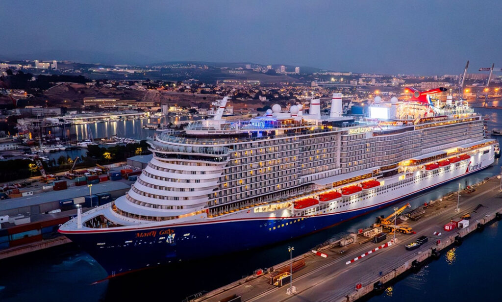 Carnival's Mardi Gras in Marseilles wetdock during her recent renovation. Image courtesy of Carnival Cruise Line.
