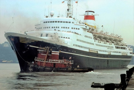 Mikhail Lermontov departing from Pier 92 in New York. From the Bill Miller collection.
