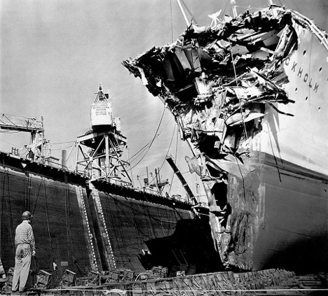 The Swedish liner Stockholm is shown with her bow crushed after colliding with the Andrea Doria in 1956. From the William H. Miller collection.