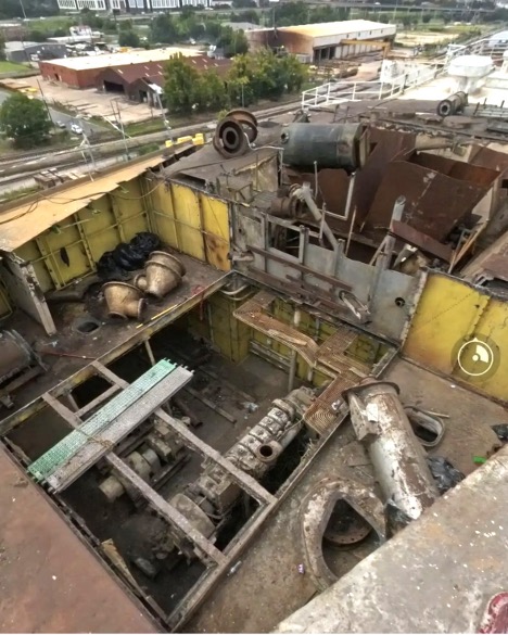 The space where the forward funnel was removed aboard the former ocean liner United States in Mobile, Alabama. Photo credit: Ken Mika.