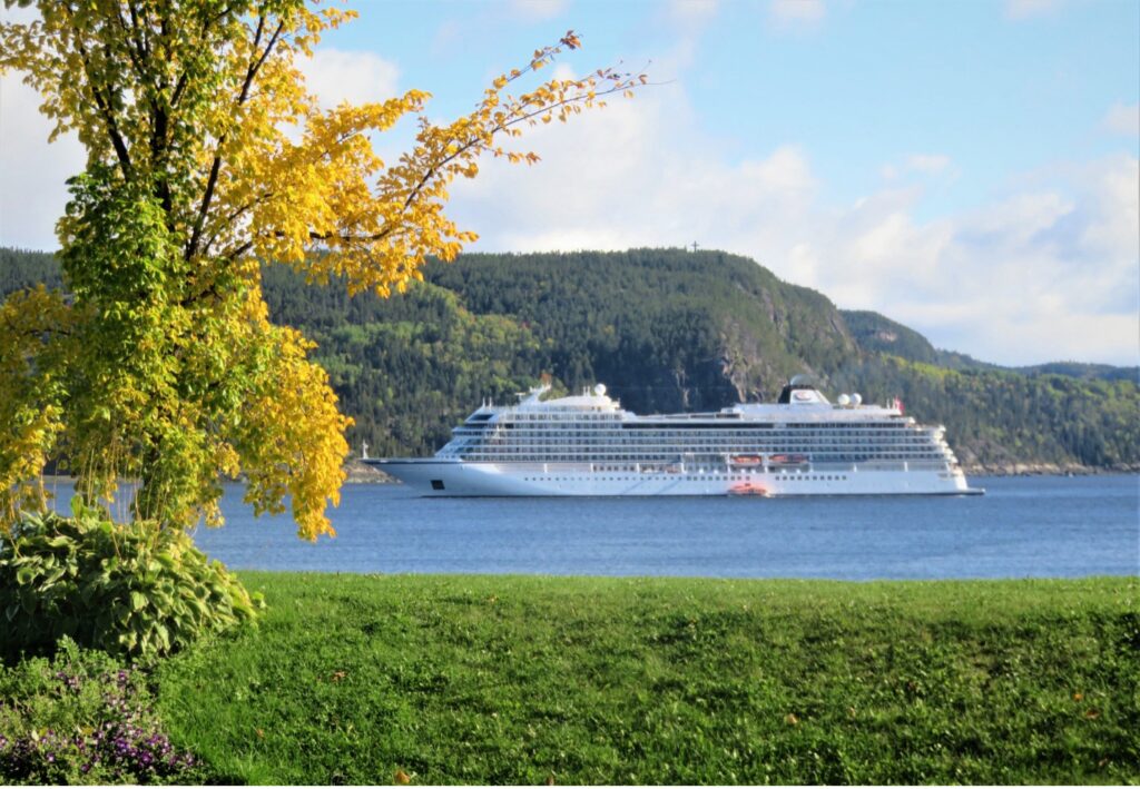 The Viking Mars is seen anchored in Saguenay, Quebec, on a peaceful autumn Sunday morning. Photo credit William H. Miller.