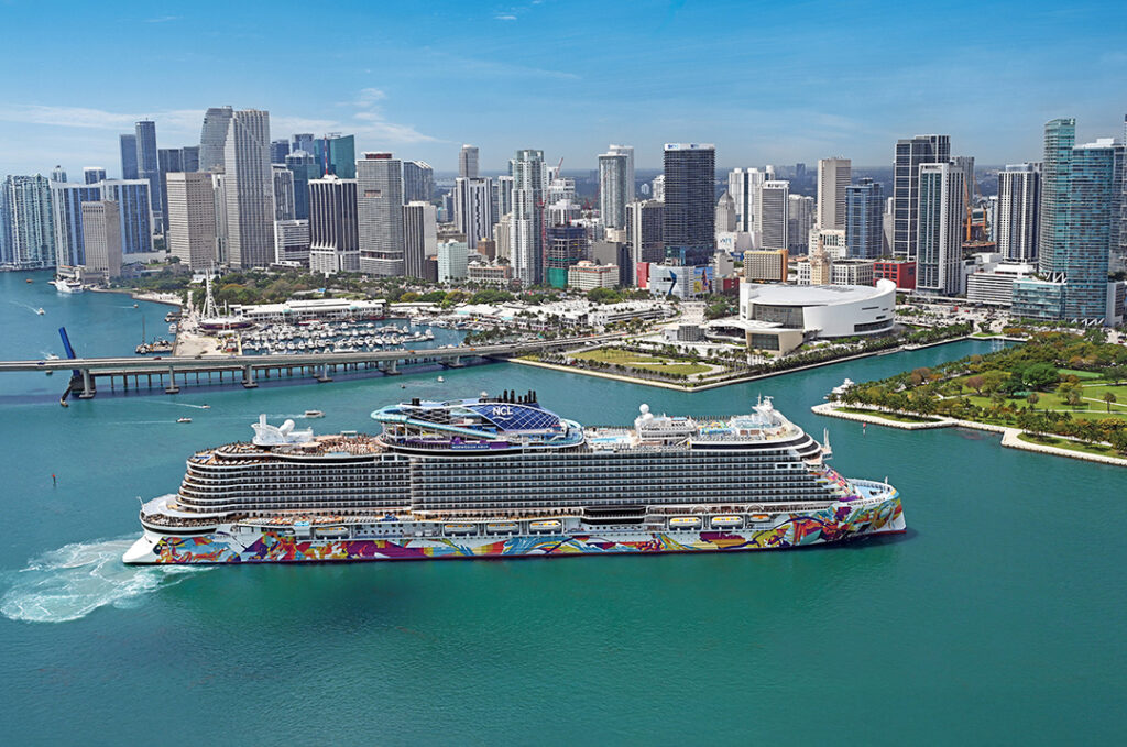 Norwegian Aqua makes a 180 in the turn basin in PortMiami. Image courtesy of Norwegian Cruise Line.