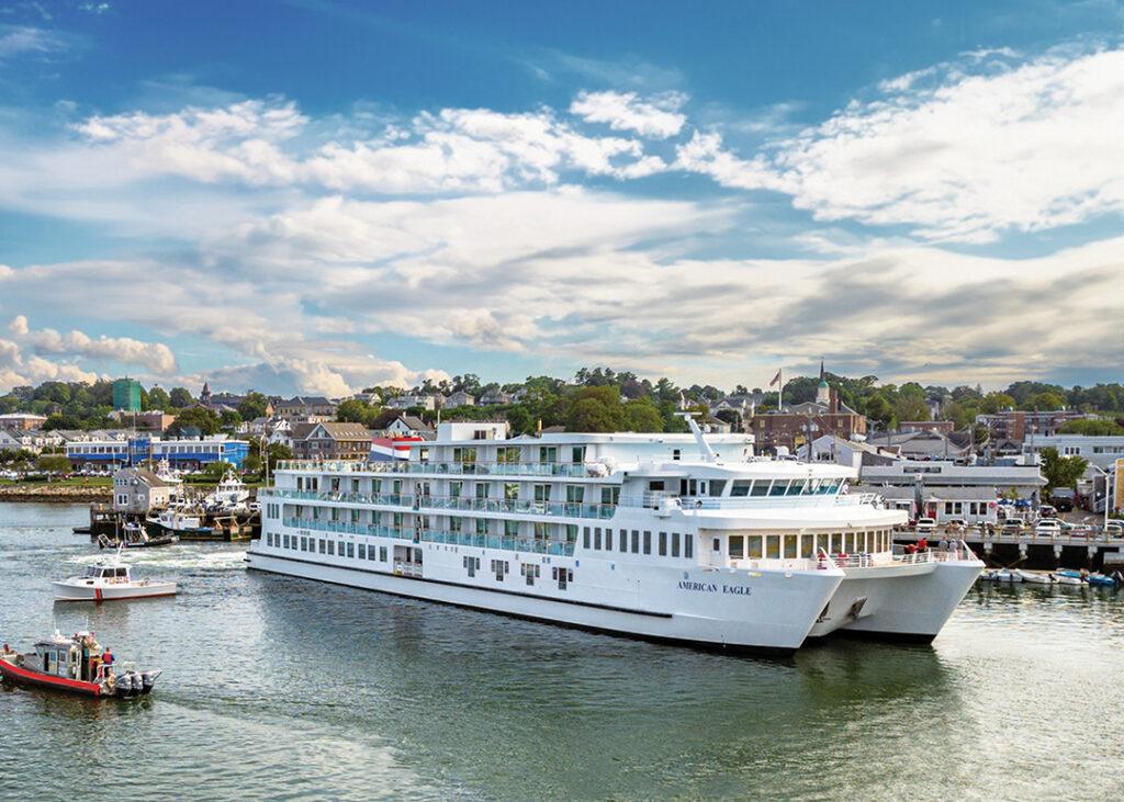 American Eagle, one of American Cruise Lines’ double-hulled Coastal Cats, gets underway along Plymouth’s (Massachusetts) lively waterfront and its colorful harborside restaurants. Image courtesy of American Cruise Lines.