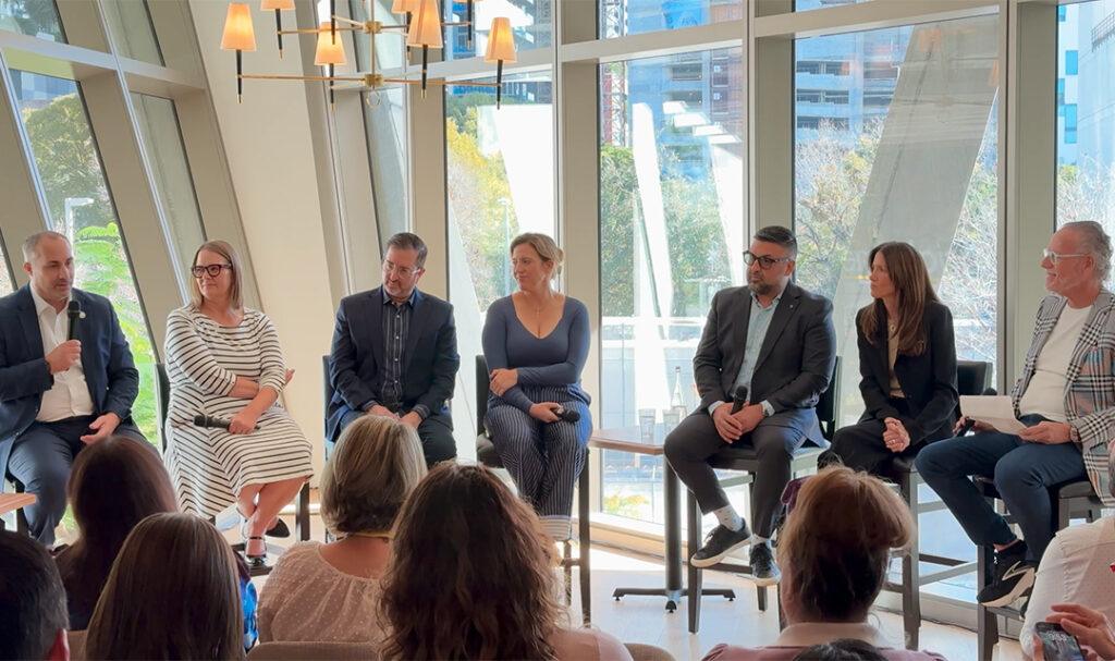 Cruise line executives and South Florida port leaders participate in Brightline’s first Connecting Conversations panel at MiamiCentral, moderated by PPI Group Chairman Bill Panoff. From left to right: Morris, Lee, Hickman, Fettes, Del Rio, Webb, and Bill Panoff. Credit: CruiseNews.com.