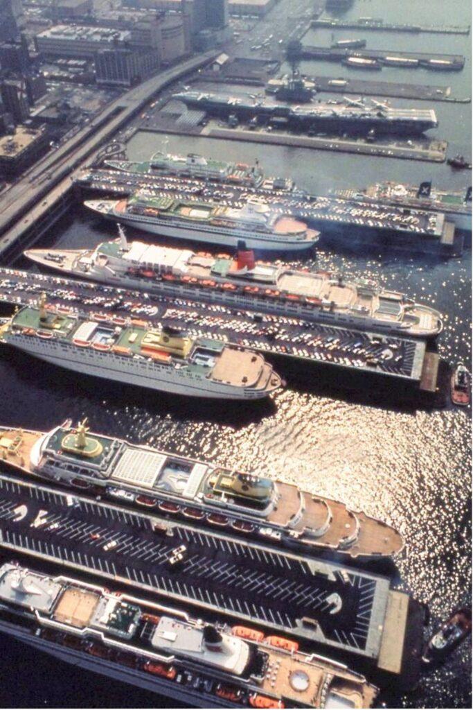 Bermuda Star and Britanis;  then Song of Norway, QE2, Atlantic, Oceanic and Royal Viking Star. From the William H. Miller collection.