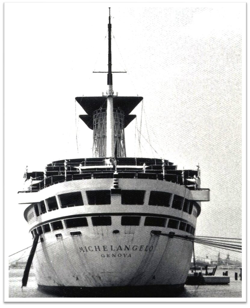 Once a glamorous transatlantic vessel, Michelangelo ended her career as an accommodation ship for Western engineers working at Bandar Abbas' (Iran) nearby naval base. From the William H. Miller collection.
