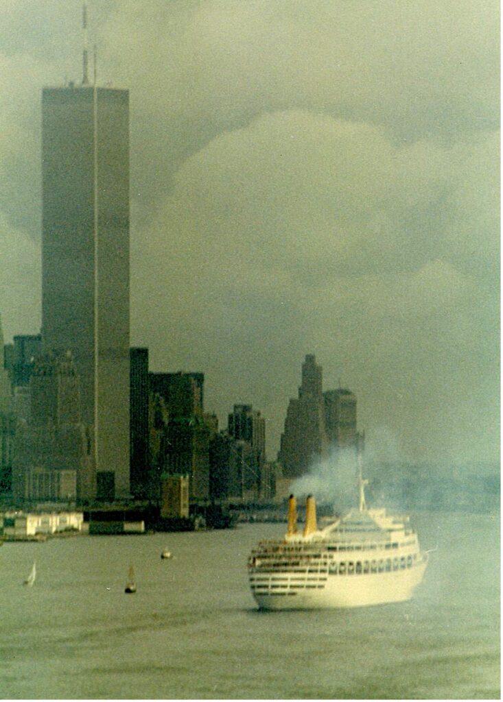 P&O’s Canberra is cruising out of New York Harbor in 1979. From the William H. Miller collection.