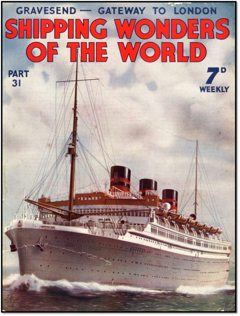 The 1936 cover of Shipping Wonders of the World, featuring the Furness-Bermuda Line’s Queen of Bermuda, From the William H. Miller collection.