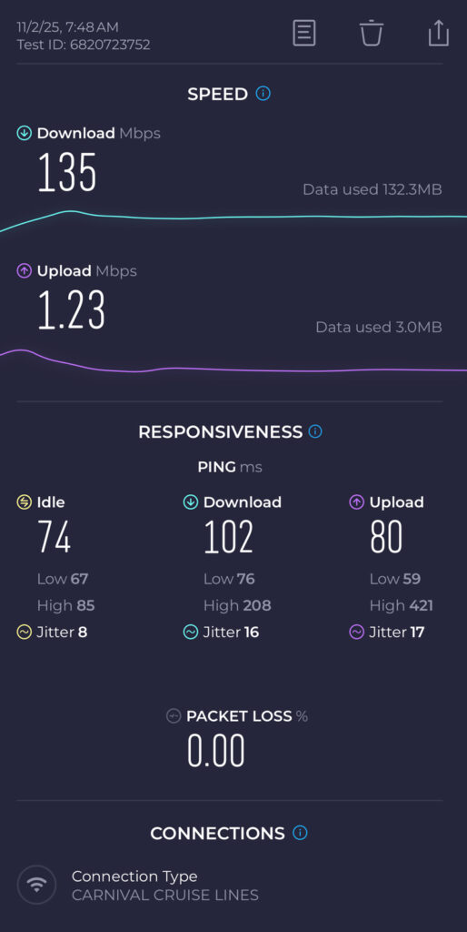 Holland America Zuiderdam WiFi Speed test on Lido Deck