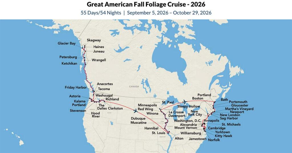 A map from American Cruise Lines that details a 55-day itinerary aboard three ships.