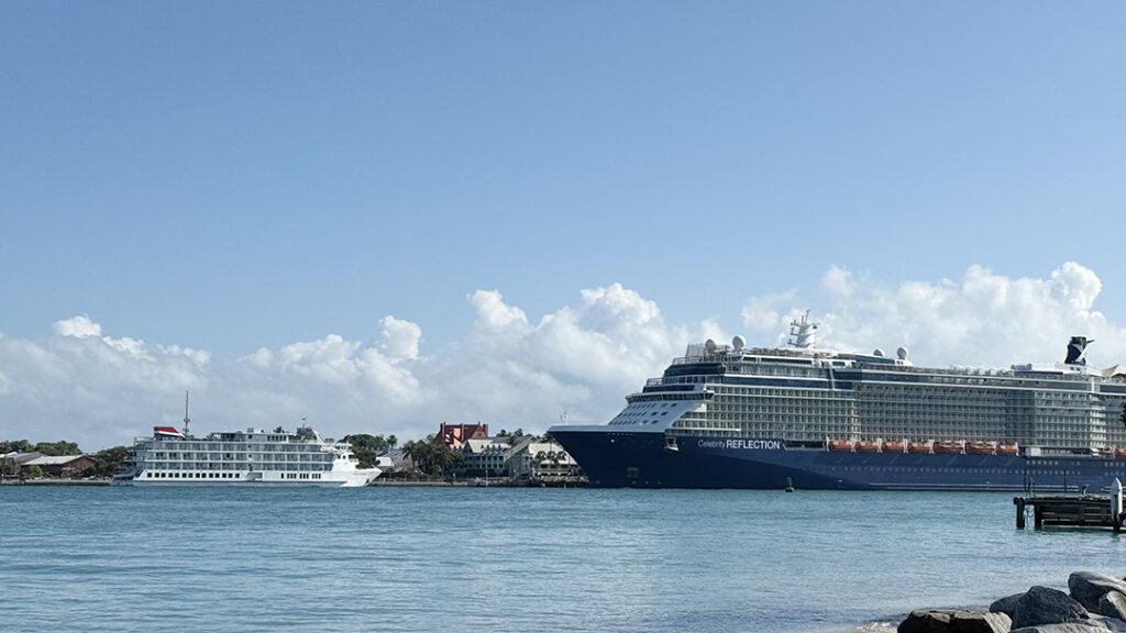 American Cruise Lines' newest coastal ship American Pioneer calls at Key West with Celebrity Reflection on Dec. 2, 2025. Credit: H. Liu.
