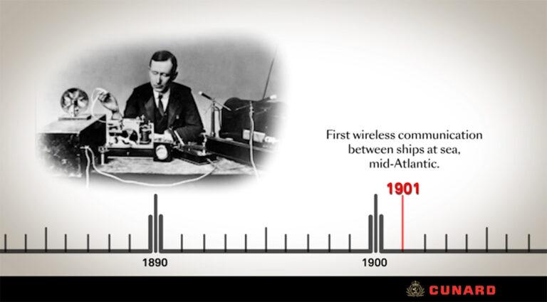 Cunard’s historical records place the company among the early adopters of wireless technology, including what it describes as the first wireless communication between ships at sea in the mid-Atlantic in 1901. Source: 180 years of sailing with Cunard.