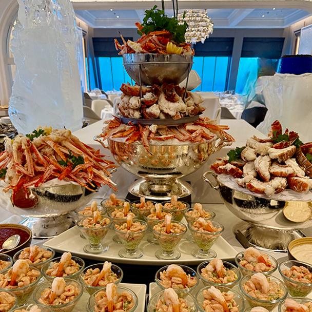 The Seafood Tower during the Grand Buffet in the Grand dining room aboard Oceania Allura. Credit: Monte Mathews.