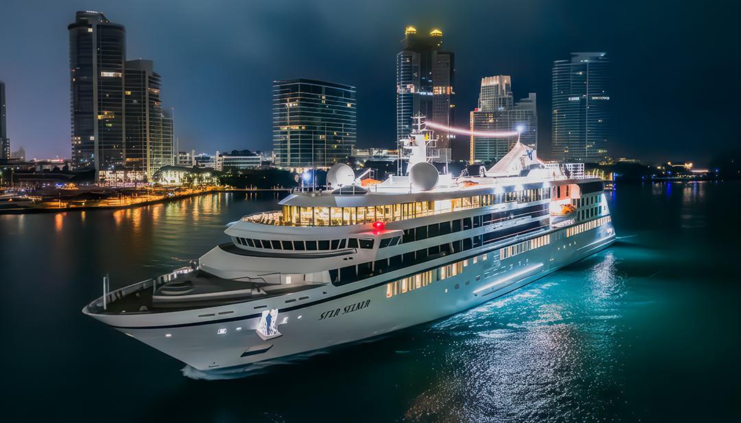 Windstar Cruises’ new Star Seeker makes a nighttime sail past the Miami skyline prior to its official christening at PortMiami. Photo: Windstar Cruises