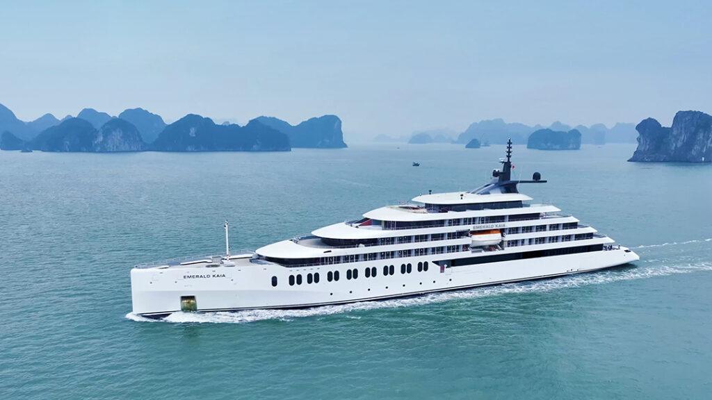 Emerald Kaia conducts sea trials in Halong Bay, Vietnam, ahead of her April 2026 debut. Credit: Emerald Cruises.