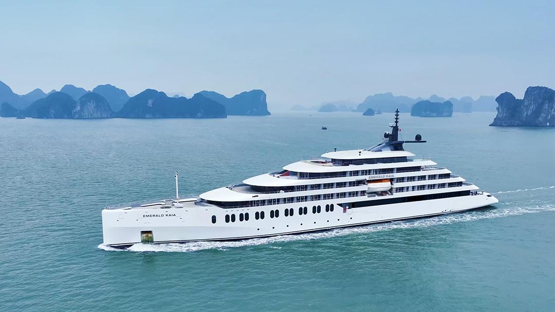 Emerald Kaia conducts sea trials in Halong Bay, Vietnam, ahead of her April 2026 debut. Credit: Emerald Cruises.