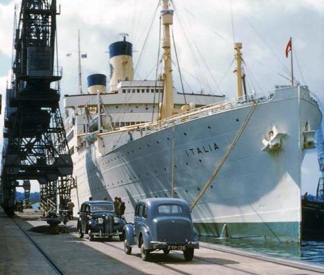 The Italia alongside at Southampton, seen in her Home Lines years. From the William H. Miller Collection.
