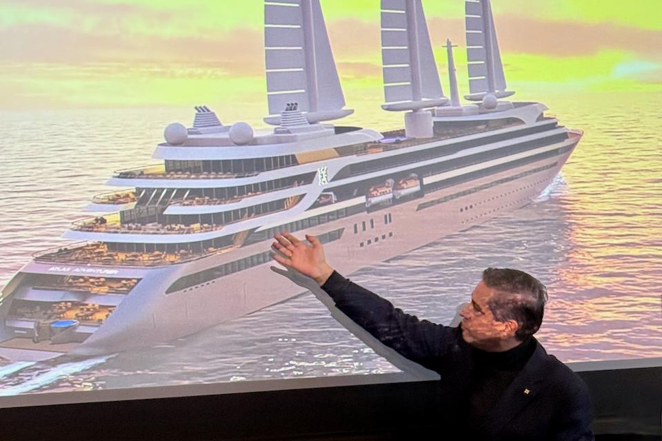 Mário Ferreira, chairman and founder of Mystic Invest Holding, presents renderings of Atlas Adventurer at New York’s Explorers Club on January 20, 2026. Credit: Monte Mathews.