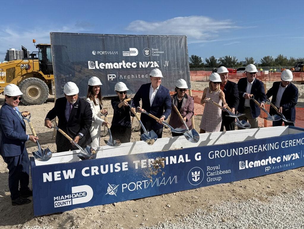Officials from Miami-Dade County, PortMiami, Royal Caribbean Group, and the Lemartec–NV2A joint venture break ground on the new Cruise Terminal G at PortMiami.
