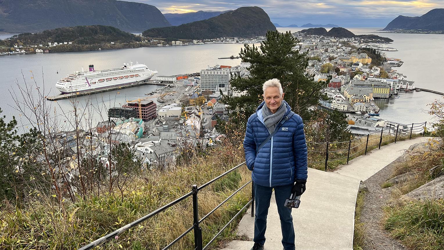 At the Fjellstua Viewpoint in Alesund, with Ambience docked below on a picture-perfect autumn afternoon. Credit: Peter Knego