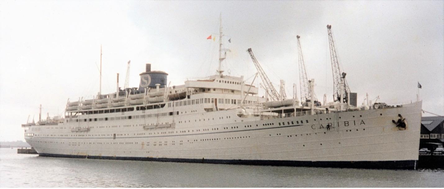 The all-white Caribia, formerly the Italian Line’s Vulcania at Southampton. William H Miller Collection